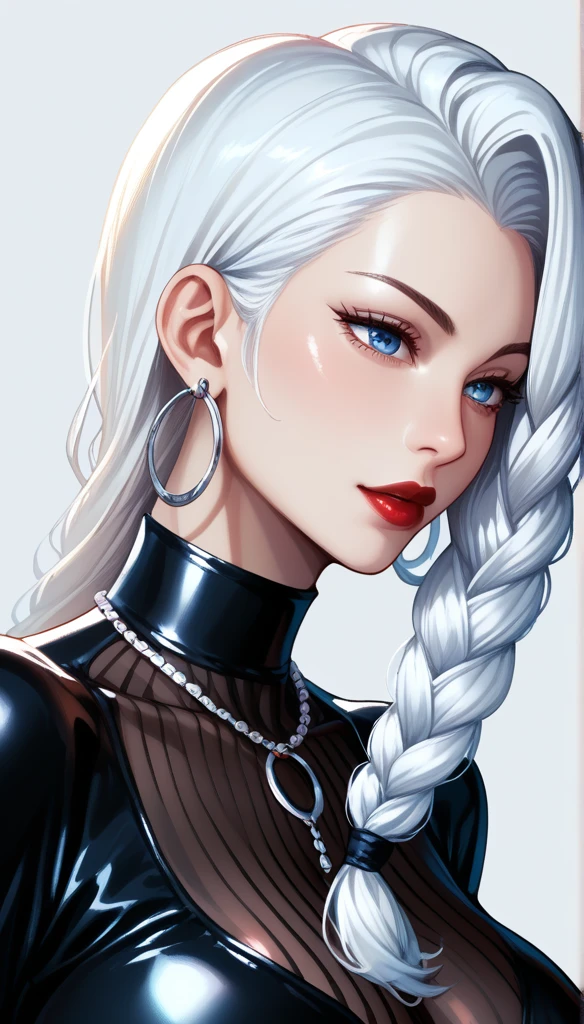 score_9, score_8_up, score_7_up, score_6_up, score_5_up, score_4_up, Gothic mei mei , blue eyes, white hair braid, large breasts,  necklace,big hoops earrings ,red lipstick , detailed eyes , big breasts, black latex full body suit