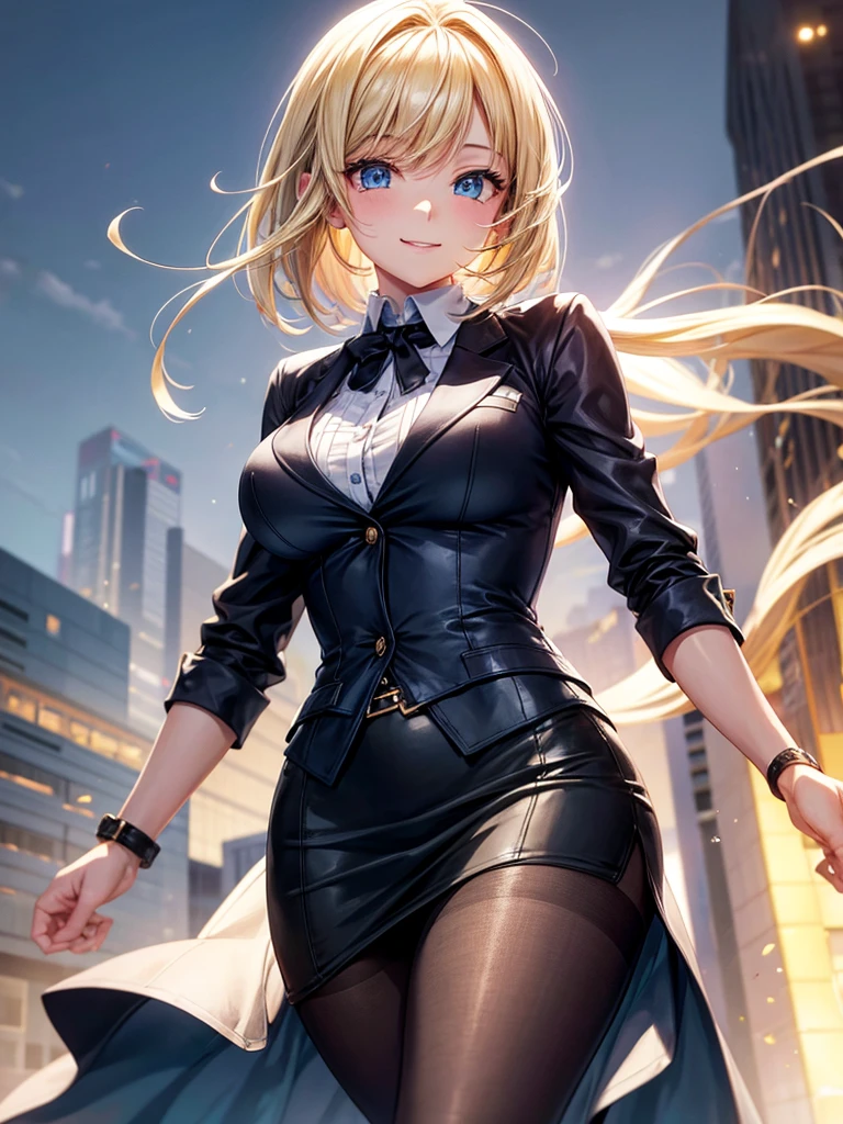 Anime style, super fine illustration, highly detailed, beautiful detailed, super high quality image, static representation, gentle expression, happy expression, the pretty image, the perfect style woman, 8k, pretty 1girl with blonde straight short hair & blue eyes & a bright smile & full bust & soft fair skin is a female secretary not to show her skin wearing the business shirt & vest & black tight skirt & black pantyhose on the urban business buildings street, happy stories, solo, perfect fingers, no more fingers, no less fingers, perfect arms, perfect legs, masterpiece.