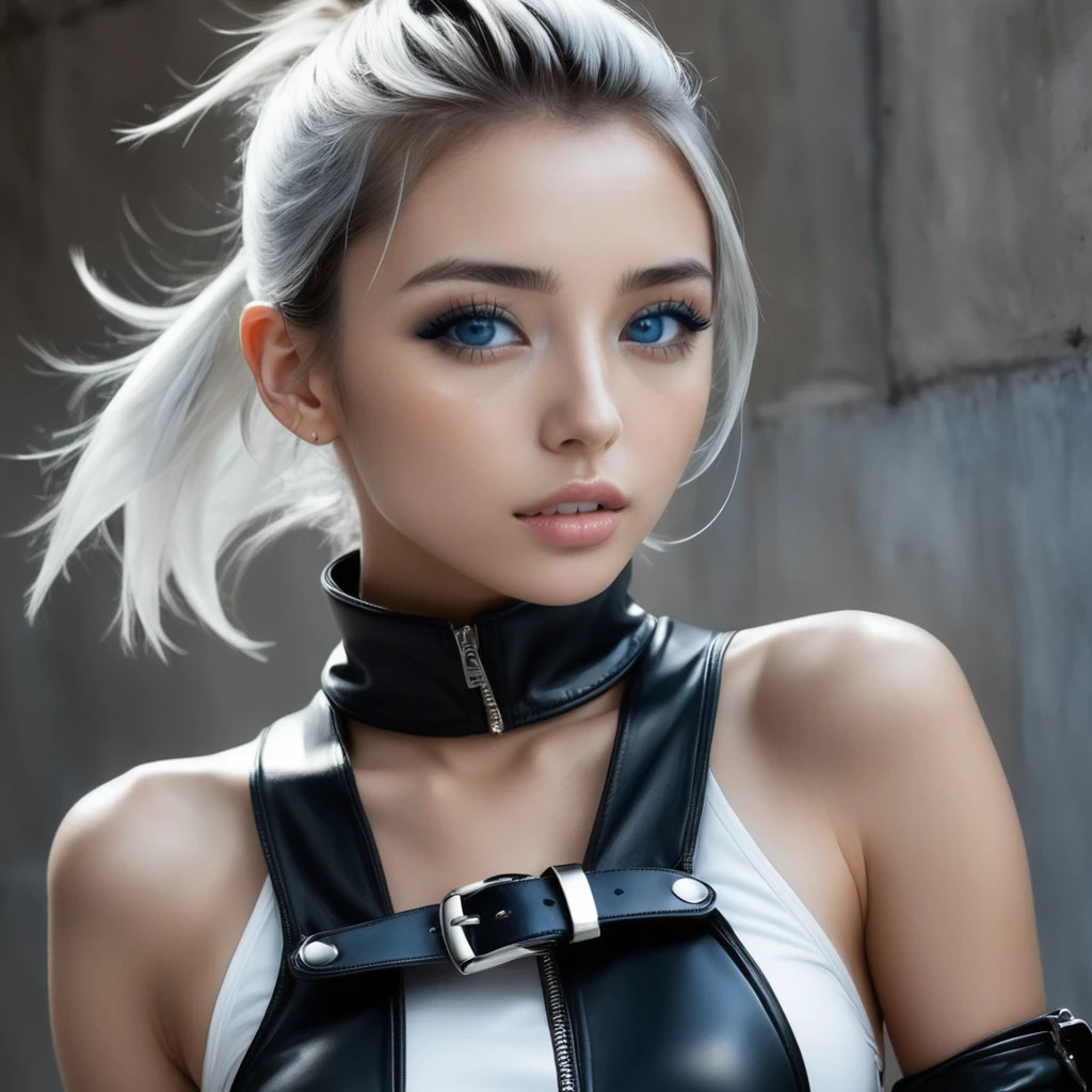 (nsfw), masterpiece, Best Quality, Realistic, Futuristic fashion art,
BREAK
beautiful young woman, ig model, render of april, (wide angle, all body shot, standing:1.6),
BREAK
bold exposure, (ultra slim waist, firm large breasts, medium buttocks, beautiful sexy legs:1.2), cameltoe, exuding a sculptural beauty, White and beautiful Silky skin, thin and beautiful neck, small head,
BREAK
(White and black military print bodysuit: 1.3), (Sleek black leather belt with futuristic metallic buckle: 1.2), (Low-rise black leather shorts with zipper accents: 1.4), urban vibes, (Sheer black mesh bomber jacket with white and black military patches: 1.4), (Chunky black combat boots with silver hardware: 1.5), fierce and bold, (Black fingerless gloves with white LED lights: 1.3), high-tech accessories, (White and black camouflage print bucket hat: 1.3), (Oversized black sunglasses with reflective lenses: 1.2), edgy attitude, (White and black military print backpack with multiple compartments: 1.4), functionality meets style, (Sleek high ponytail with black and white ribbon accents: 1.3), futuristic hairstyle, (Graphic black and white eyeliner for dramatic eyes: 1.4), striking makeup, (Confident stride with a hint of rebellion: 1.5), embodying the essence of future street-chic fashion,
(in a concrete, fog, mist, Realistic black Shadow) , small head, Detailed face, cute and Pretty slim face, happy, Duck mouth, perfect beautiful Tooth, arranged gray hair, blue eyes, shiny eyes, looking viewer, NSFW