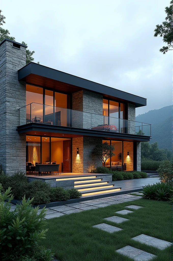 Exterior of house, contemporary style, inspired of norman forster, stone with steel frame facade, beautiful landsacape, raw photo, 8k uhd, dslr, sort lighting