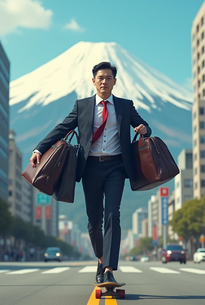 A company employee skateboards to work in a hurry, carrying a bunch of bags, with a view of Mount Fuji in the background.