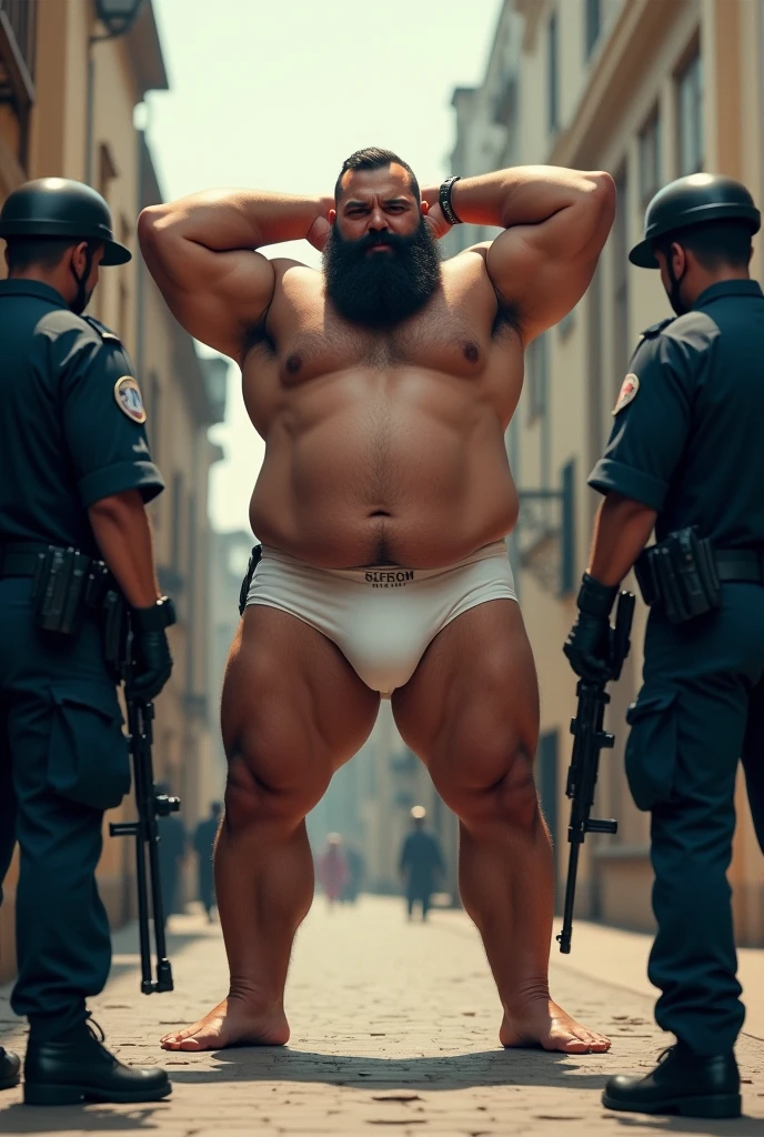 Young huge hairy strong bearded Italian man in white bulge underwear, standing, very big, with your legs wide apart from each other, with both hands behind his head, being searched by two armed police officers.