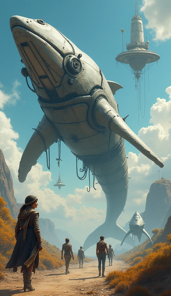 A huge mechanical whale with cyberpunk style, surrounded by people wearing steampunk costumes and futuristic spaceships. The scene is full of fantasy elements and has a dreamy atmosphere. It was created using digital painting techniques to create an oil painting effect., vibrant colors, with some people walking around and floating buildings in the sky