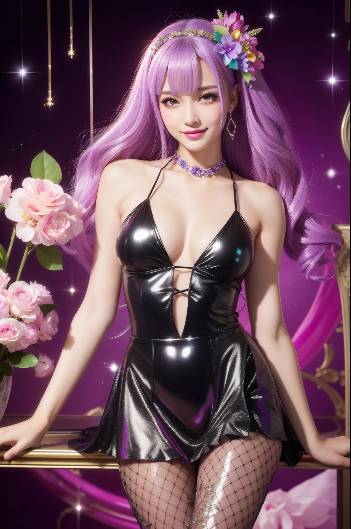 beautiful sexy model who controls poison、beautiful smile、lip-gloss、long lashes、metallic makeup、look at the camera、full body Esbian、、sparkling poisoned flower costume、、、、shiny sparkling multicolor hair、secrete poison、skull hair accessories、fishnet tights、shiny sparkling flowers background