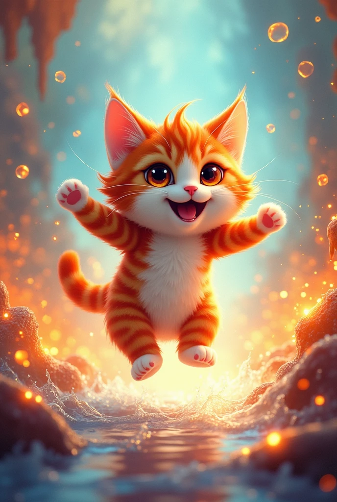 *Prompt* Create a cute red and white cat image jumping in water and fire