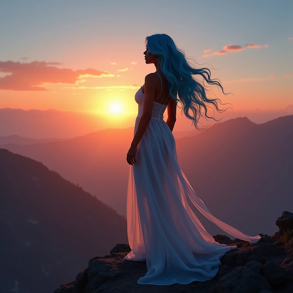 Silhouette of 1 beautiful biracial latina woman light blue hair with big large breasts, on top of a mountain, look the sunset, Plan Large, shadow on the ground, serene pose, photo realistic, Résolution Haute, white dress, extremely detailed full body 