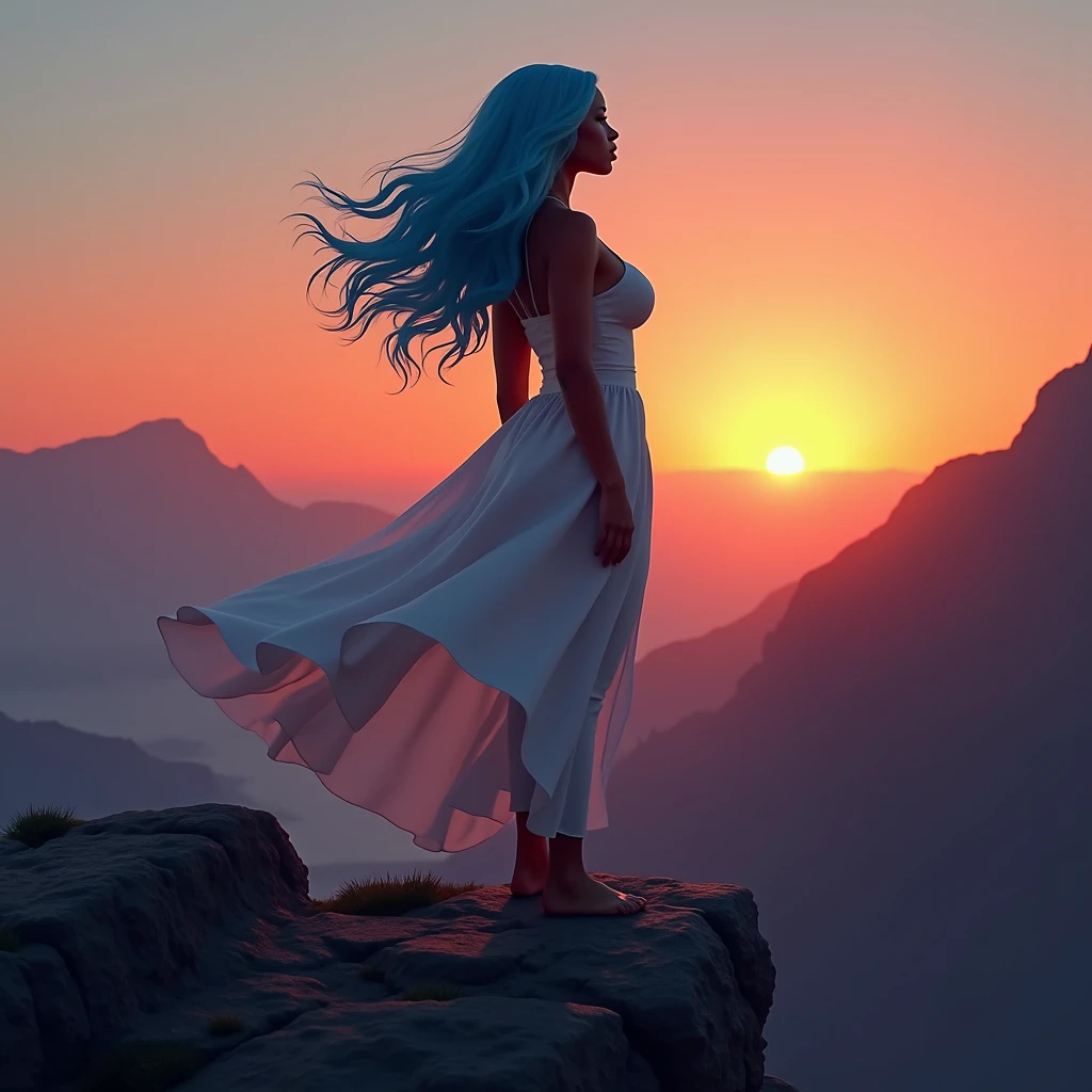 Silhouette of 1 beautiful biracial latina woman light blue hair with big large breasts, on top of a mountain, look the sunset, Plan Large, shadow on the ground, serene pose, photo realistic, Résolution Haute, white dress, extremely detailed full body 