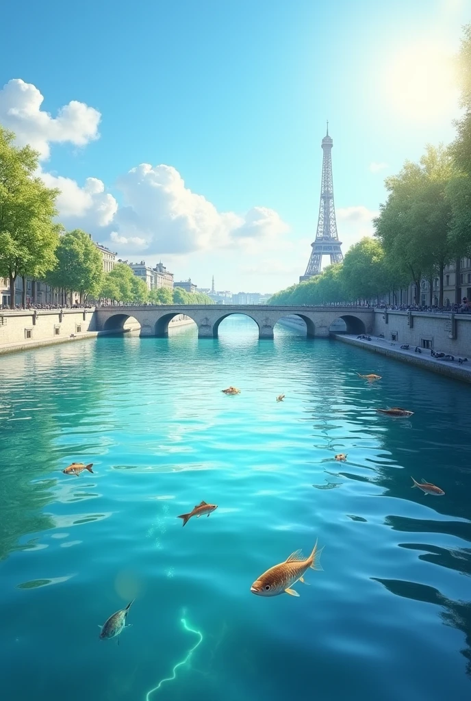 A highly realistic image of the Seine river in Paris on a sunny day. The water is a bright, clear blue, reflecting the sky above. Small fish can be seen swimming near the surface, adding a touch of life to the scene. In the background, iconic Parisian landmarks like the Eiffel Tower and traditional Parisian buildings are visible along the riverbank. The sunlight creates shimmering reflections on the water, and there are a few gentle ripples caused by a light breeze. The overall atmosphere is calm and serene, capturing the beauty of Paris in a unique and vivid way.