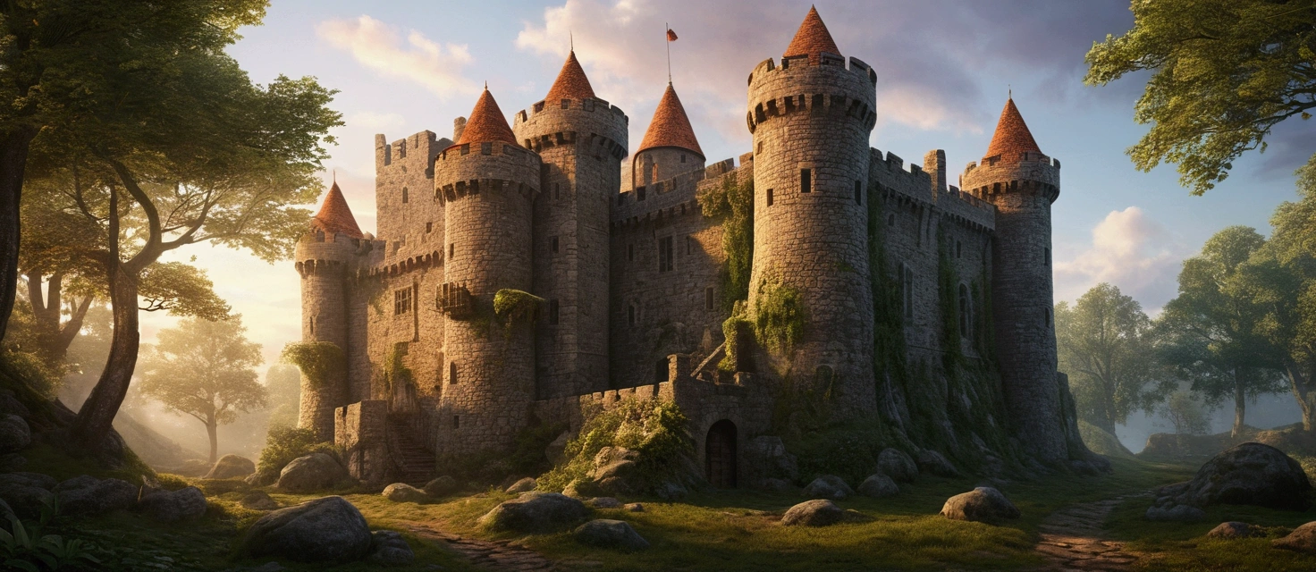 "A hyper-realistic scene of a medieval castle at sunrise. The castle is made of weathered stone with detailed, lifelike textures, surrounded by a dense forest. Sunlight filters through the trees, casting soft shadows on the ground. The sky is a mix of warm oranges and purples, with a few scattered clouds. The scene is calm, with mist rising from the forest floor, adding to the atmosphere of mystery and ancient history. Every detail, from the stone walls to the leaves on the trees, is rendered with high precision and realism."_