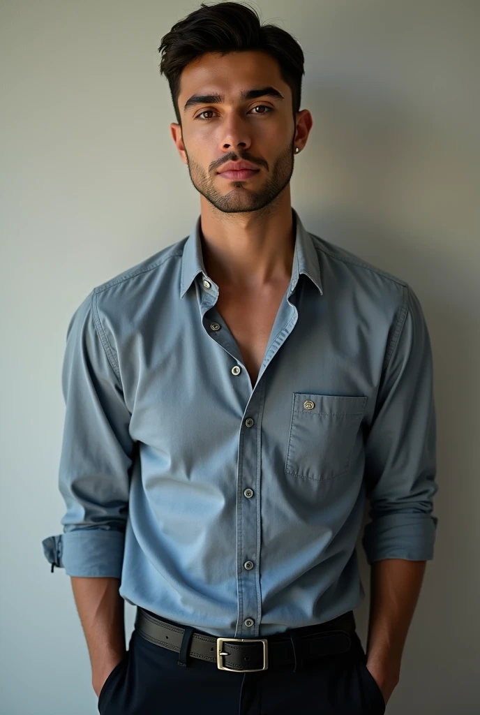 A Brazilian man without a beard, of short hair, dark-haired man in smart casual clothes