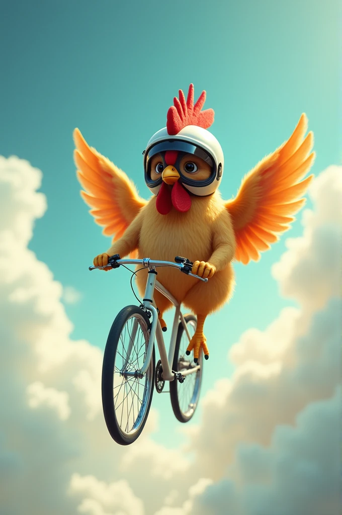 Chiken fly at the sky wearing helmat siting the bike