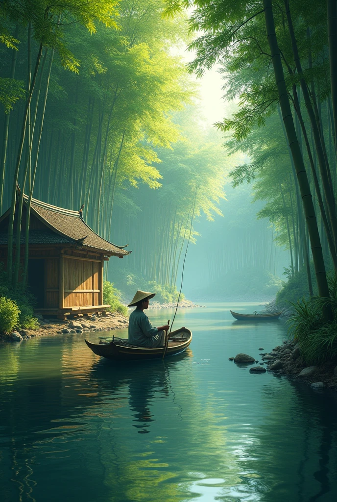 a lush bamboo forest, a tranquil stream running through, a rustic bamboo hut, a fisherman in a small boat, (best quality,4k,8k,highres,masterpiece:1.2),ultra-detailed,(realistic,photorealistic,photo-realistic:1.37),vibrant colors,natural lighting,serene atmosphere,stunning landscape,detailed foliage,reflections in water,traditional asian architecture,weathered bamboo textures,skilled fisherman pose