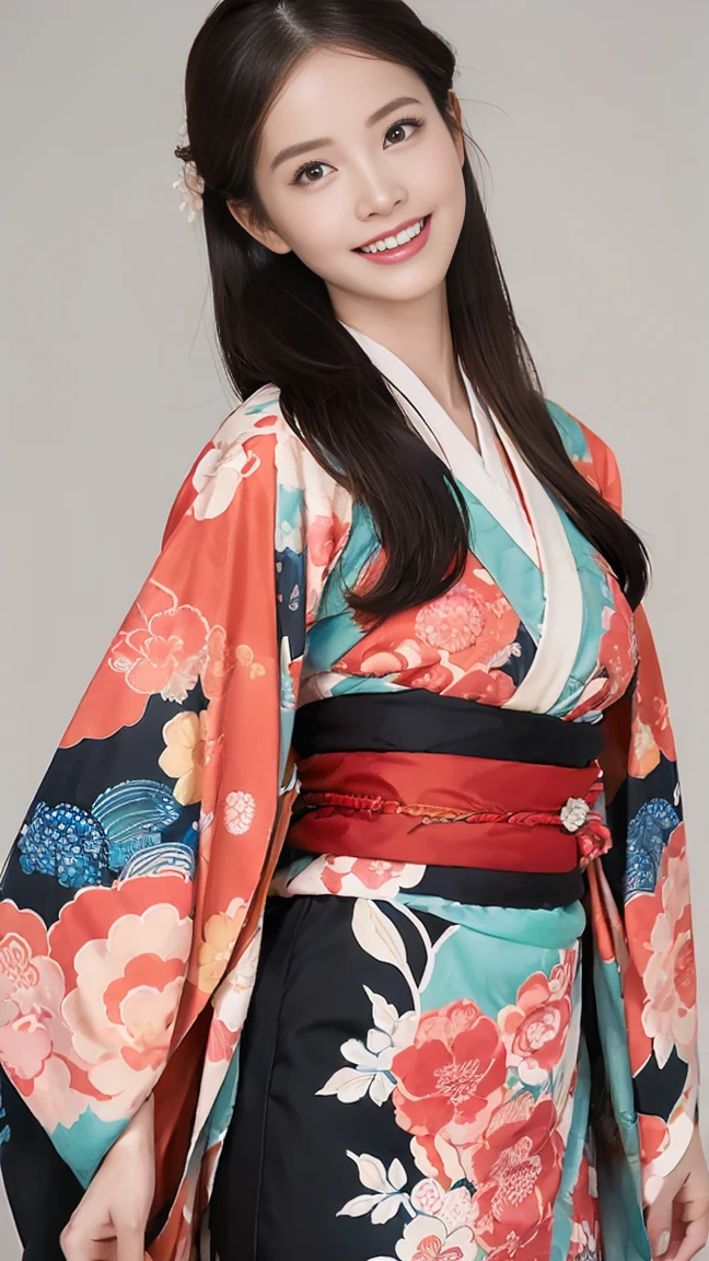 (SeaArt creates stunning illustrations of beautiful women in kimono)、Vividly colored Japanese Ukiyo-e style illustrations、A beautiful woman smiles and shows her upper white teeth、Brown-black long hair、Beautiful full body style、If you want to dance, let's dance, Tokyo Ondo, Yoi Yoi、Beautiful new digital paintings,、Bright vibrant digital anime art、 Beautiful anime portraits、background,Torii gate front of Japanese shrine、 Detailed digital anime art