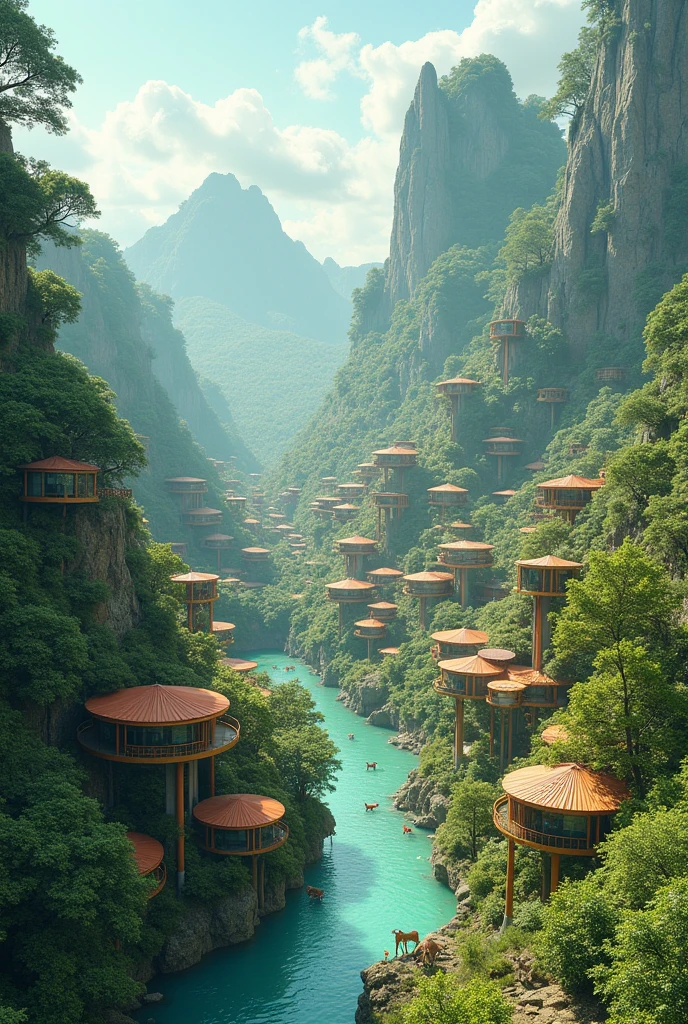 utopian world, with lots of technology and lots of nature, the animals live freely and there are many sub-areas of houses, everyone has the same house, same color, people are happy and there is every kind of happy life