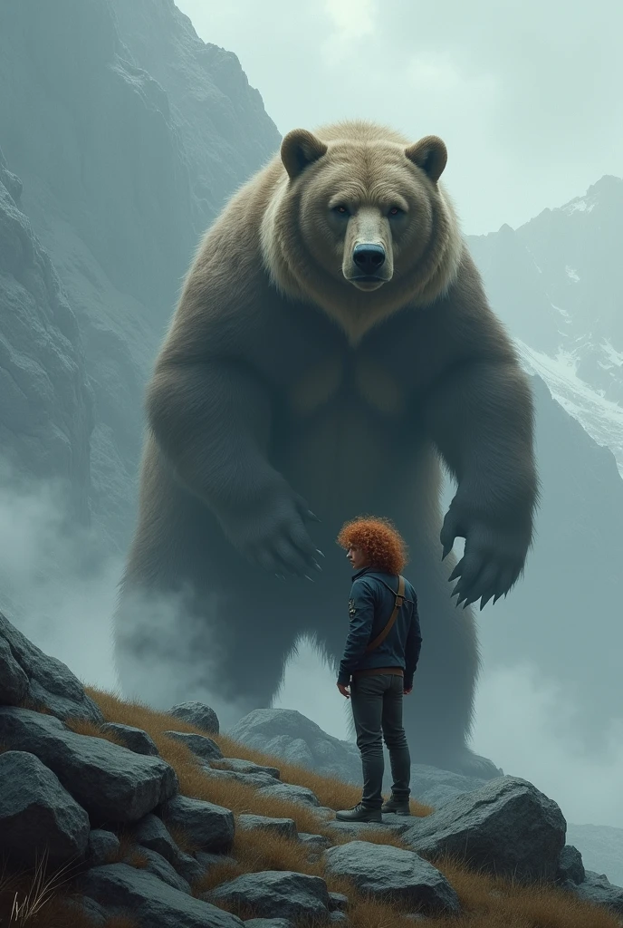 On a mountain in gray weather, a man with curly red hair stands calmly in front of a giant bear who is also calm