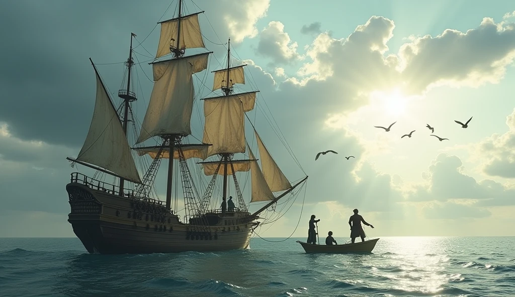 (best quality,4k,8k,highres,masterpiece:1.2),ultra-detailed,(realistic,photorealistic,photo-realistic:1.37),several pirates fishing from a pirate ship in the age of discovery,detailed pirate costumes,detailed pirate ship,cloudy sky,calm sea,sunlight on the water,fishing nets,small fishing boat,seabirds flying overhead