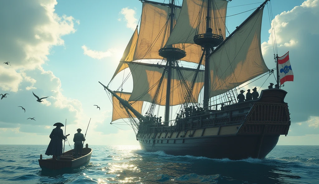 (best quality,4k,8k,highres,masterpiece:1.2),ultra-detailed,(realistic,photorealistic,photo-realistic:1.37),several pirates fishing from a pirate ship in the age of discovery,detailed pirate costumes,detailed pirate ship,cloudy sky,calm sea,sunlight on the water,fishing nets,small fishing boat,seabirds flying overhead
