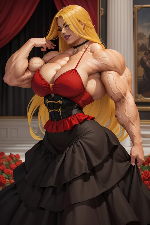 ((Close-up)), tall, (yellow hair) beautiful muscular latin woman, long flowing hair, light brown skinned, closed smile, (black lipstick), (massive muscles), (hyper muscle), (ginormous bulky muscles), gray eyes, ((red flamenco-inspired dress, long skirt)), (red and vibrant environment:1.3), choker, high heels, in a red room filled with roses, 