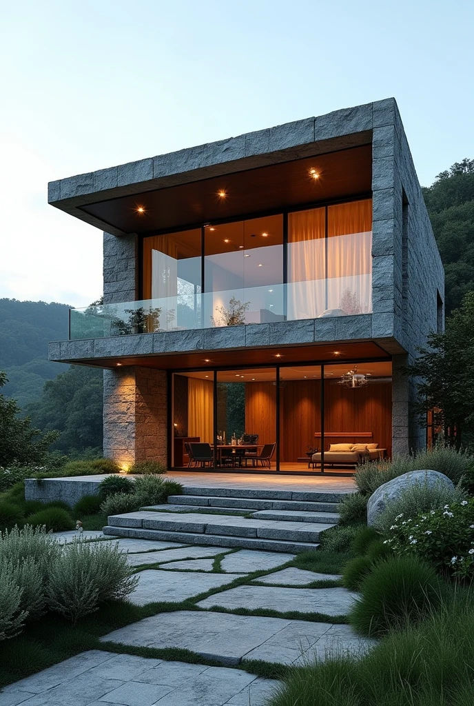 Exterior of house, contemporary style, inspired of norman forster, stone with steel frame facade, beautiful landsacape, raw photo, 8k uhd, dslr, sort lighting