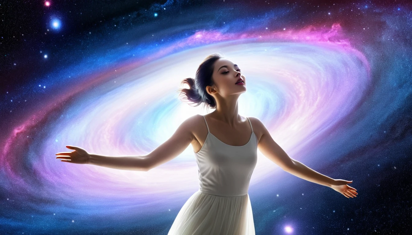 A beautiful woman with a lovely aura floating in space