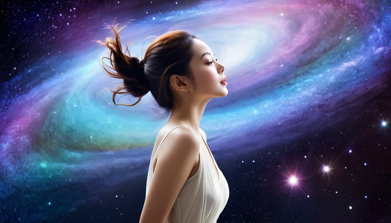 A beautiful woman with a lovely aura floating in space