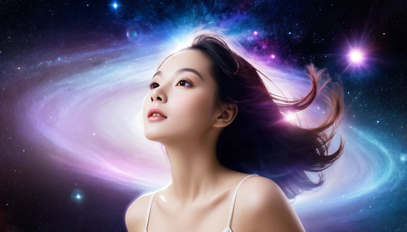 A beautiful woman with a lovely aura floating in space