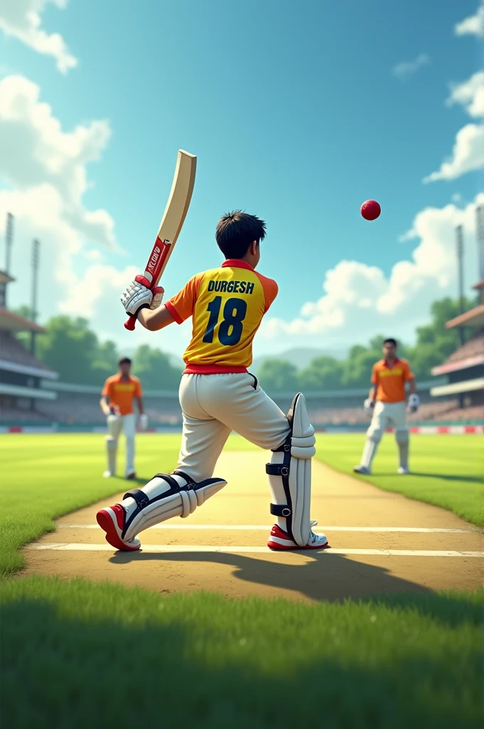 "A young male cricket player named Durgesh is on a vibrant, well-maintained cricket ground. He is wearing a white or colored cricket jersey with the name 'Durgesh' prominently displayed on the back, along with the number '18' in bold. The player is captured in action,batting,, under a bright, sunny sky. The background shows a lush green outfield with a few fielders and a cricket pitch, giving a lively and energetic atmosphere of a cricket match."