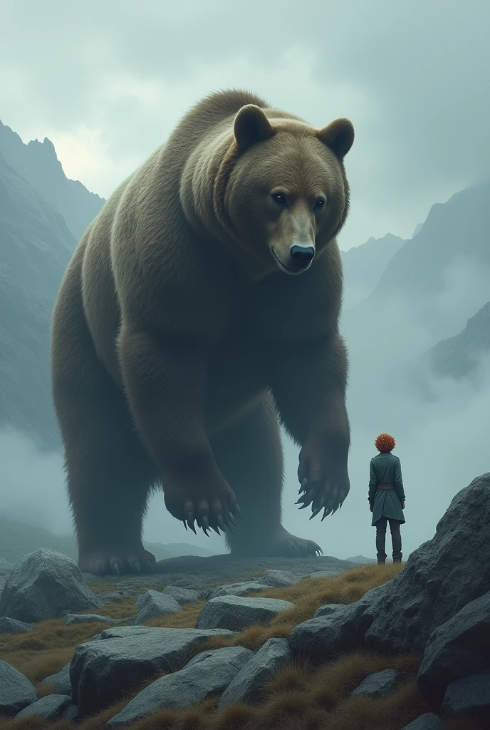 On a mountain in gray weather, a man with curly red hair stands calmly in front of a giant bear who is also calm