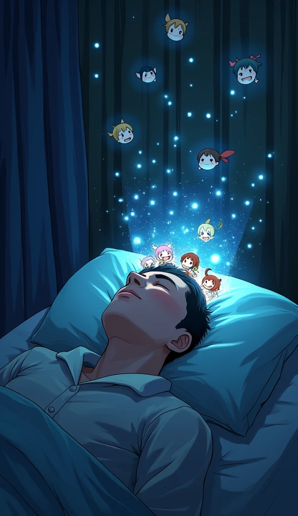 A tired-looking man is lying in the dark room with his eyes closed and in his imaginary world, with a bright haze over his head and in the haze a lot of chibi anime characters are smiling and playing around happily