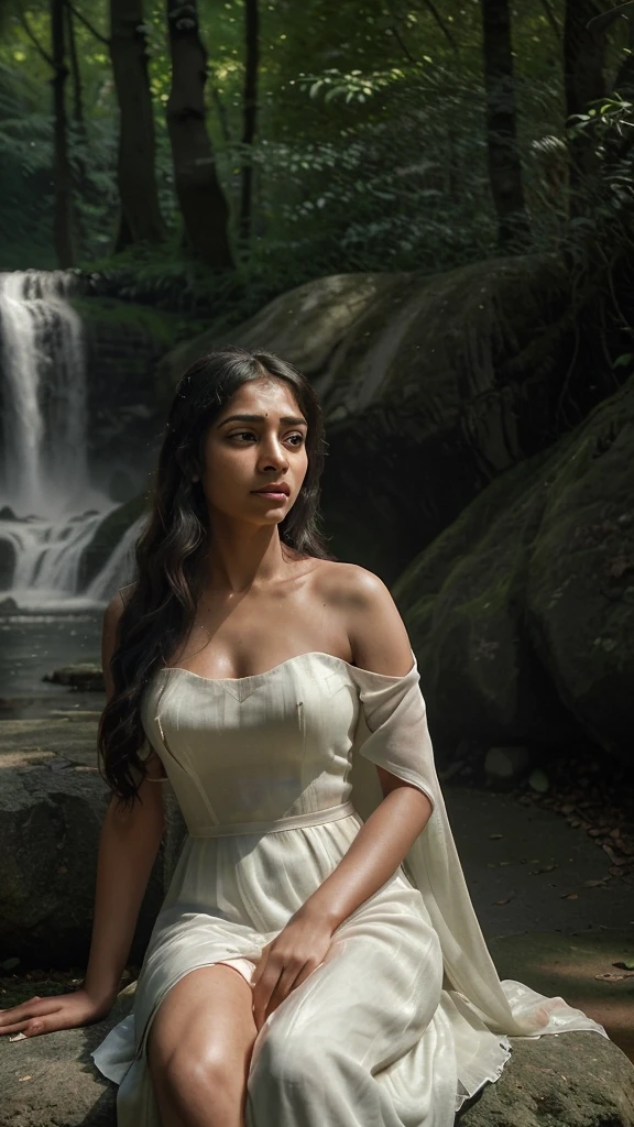 A stunning 8k portrait of a romantic scene featuring a woman named Sathya. She is seen sitting on a stone bench, surrounded by lush greenery and a picturesque waterfall. Sathya is dressed elegantly in a flowing white gown, and her long, wavy hair gently blows in the wind. She holds a single red rose, symbolizing love, in her hand. A gentle, warm sunlight filters through the trees, and there's a sense of tranquility and connection to nature in this cinematic, breathtaking image, cinematic