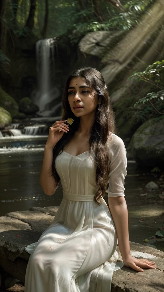 A stunning 8k portrait of a romantic scene featuring a woman named Sathya. She is seen sitting on a stone bench, surrounded by lush greenery and a picturesque waterfall. Sathya is dressed elegantly in a flowing white gown, and her long, wavy hair gently blows in the wind. She holds a single red rose, symbolizing love, in her hand. A gentle, warm sunlight filters through the trees, and there's a sense of tranquility and connection to nature in this cinematic, breathtaking image, cinematic
