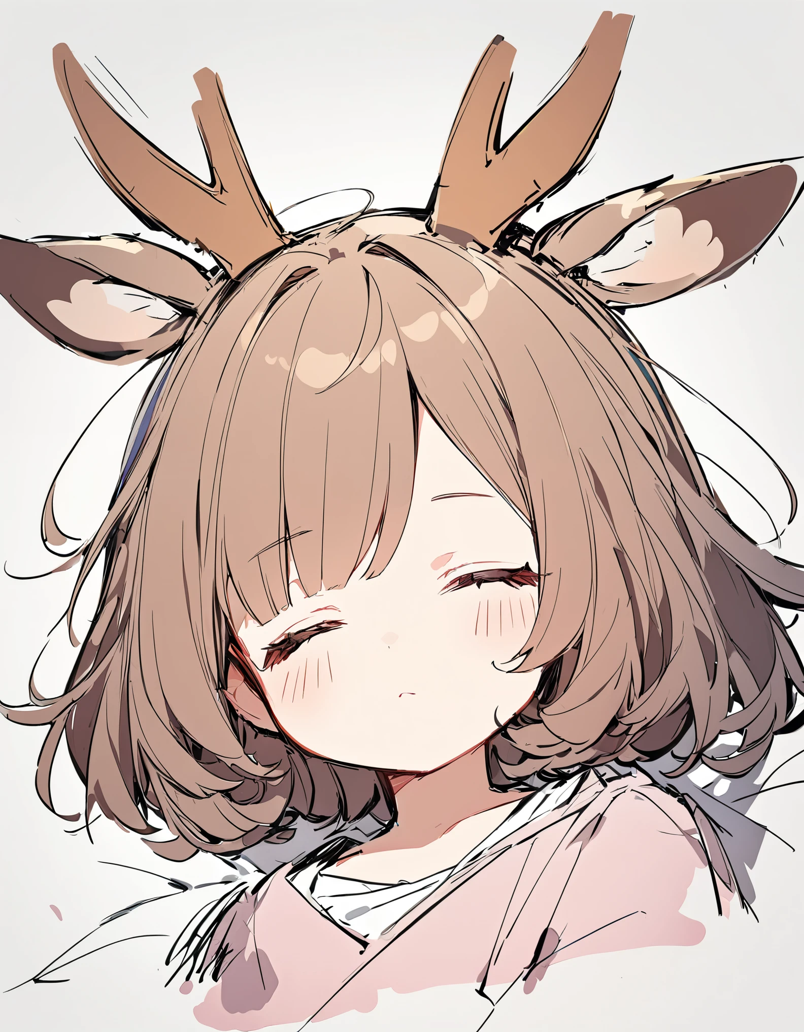1 girl, (Sketches), (close), (Small body), (Pink Cheeks), (Cute deer antlers),brown Hair, (Short Bob Hair:1.4), (sleeping), (Big Hair) , (fringe), (More about the Strand), (White Background)