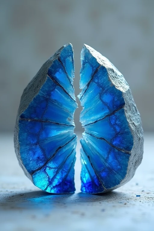 cracked blue gemstone, broken in half 