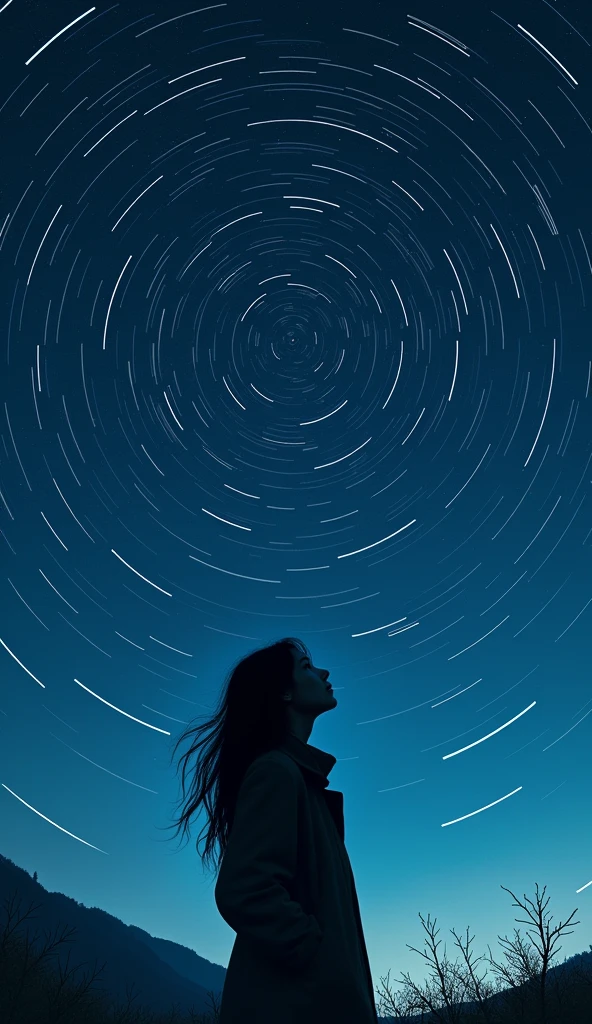 long exposure starry sky with many circular orbits, focus at stars,silhouette of a young woman with long hair with her hands in her coat pockets looking up at it,golden ratio