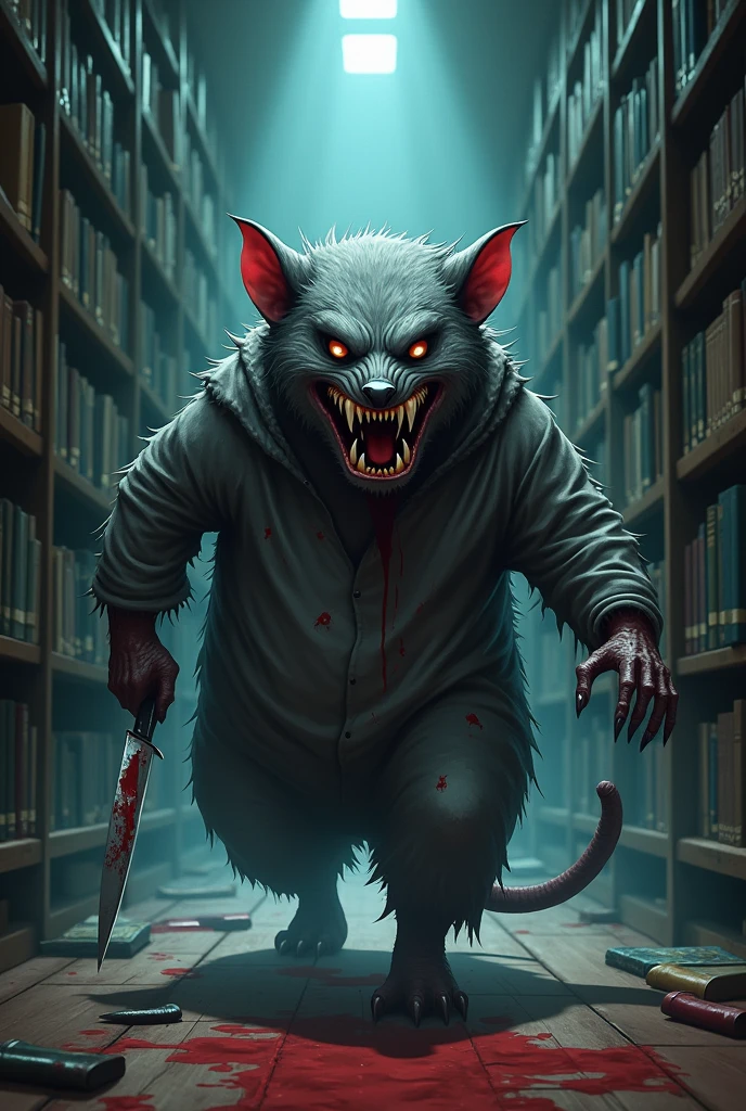 A frightening mole mascot have a grey costume. The costume is blood-stained and carries a knife, moving through the dimly lit corridors of the library. Anime Theme