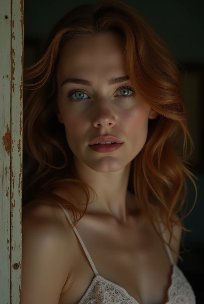 image haute qualité HD 16K, photo réaliste, avec les trait d'Emily Wickersham, cheveux roux, friser, horizontale tombant dans les profondeurs, nue,  