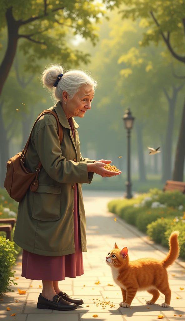 Scene 8: The Human's Kindness
Location: A Quiet Park Nearby
The orange cat wanders into a small park where it spots an elderly woman feeding birds. The woman notices the cat and offers it some food. The orange cat hesitates but eventually approaches, devouring the meal.