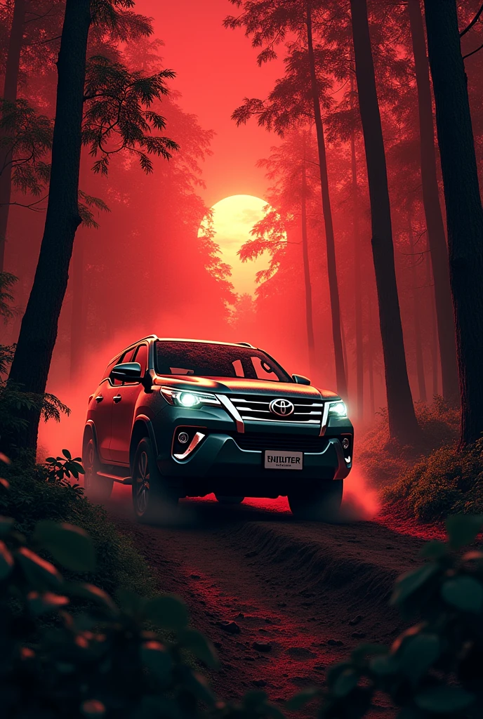 fortuner in forest between red sky with dengerous mood and tiger lavel