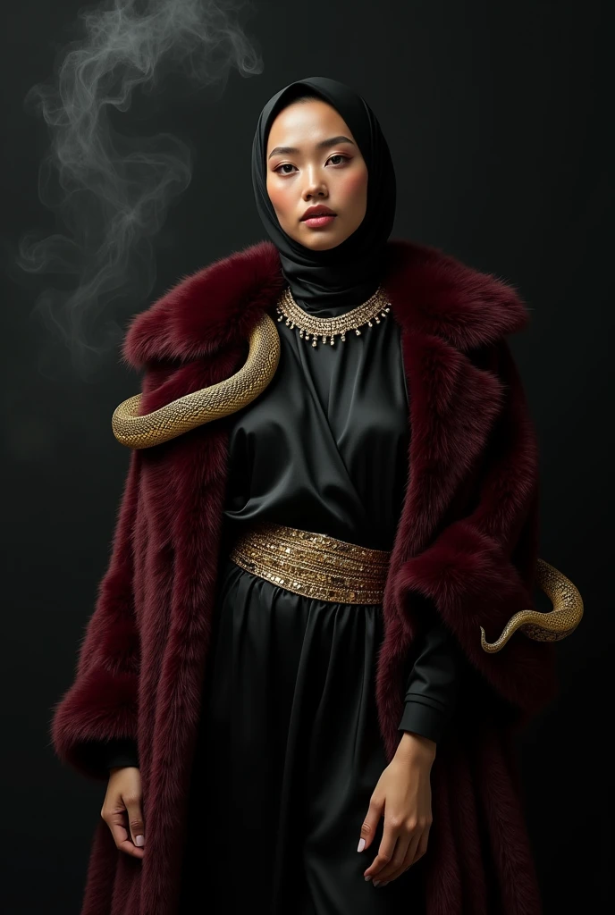 beautiful japanese woman wearing full black hijab and tanned skin, wearing designer maroon fur coat, and loose black satin turtle neck dress, Luxurious gold belt with jewels, thick eyebrows, photorealistic, masterpiece, moncle, open coat, pouting lips, pouting, blank black background with smoke and good lighting, carrying big python wrapped around her arms and neck with gold collar