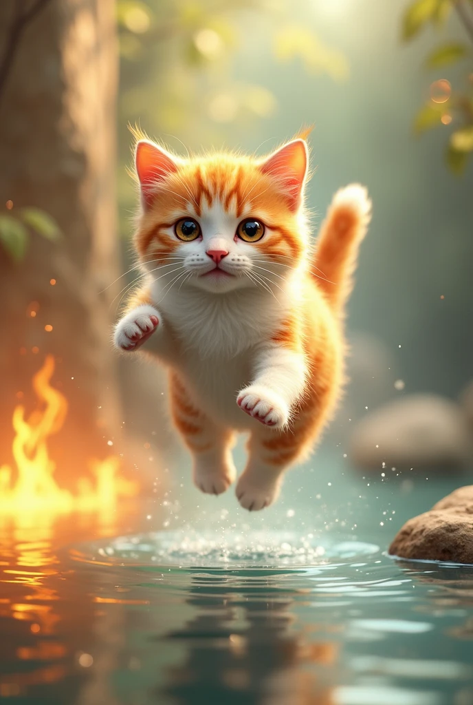 *Prompt* Create a cute golden and white cat image jumping in water and one jumping over fire
