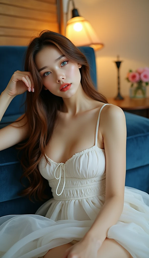 1 Girl,full body shot (1.3),close shot (1.3), face close-up, corridor,Soft Light, Russian-Korean Beauty,dress,Light-haired,long hair,
white background, gorgeous Korean-Russian girl, doll face, with thick and long wavy brown with golden blonde undertones hair, big and large slender dolly hazel-blue bright eyes, long and thick curly dark brown eyelashes, button upturned nose, high nose bridge, fullest and plumpest with a pout at the top rosy red luscious lips, oval face shape, shorter face, shorter chin, v-shaped jawline, pointy chin, tiny face size, pale milky white traslucent perfect skin, whitening skin, hourglass shaped body, tiny and narrow waist, rounded hips, long and slender beautiful legs, big perfect brests (1.4), large breasts, bust size 84 cm, waist 57 cm, hips 86 cm, bra size 34 D, tall at 5’7, full body image, realistic, photorealistic, ultradetailed, skin texture, hyperealismHigh Resolution, Closed Mouth, highly detailed, high resolution 8K, wearing a cute white dress highliting her horglass body