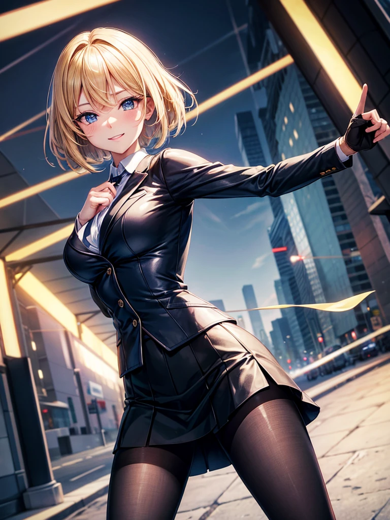 Anime style, super fine illustration, highly detailed, beautiful detailed, super high quality image, static representation, gentle expression, happy expression, the pretty image, 8k, pretty 1girl with blonde straight short hair & blue eyes & a bright smile & full bust & soft fair skin is a female secretary not to show her skin wearing the business shirt & vest & black tight skirt & black pantyhose on the urban business buildings street, happy stories, solo, perfect fingers, no more fingers, no less fingers, perfect arms, perfect legs, masterpiece.