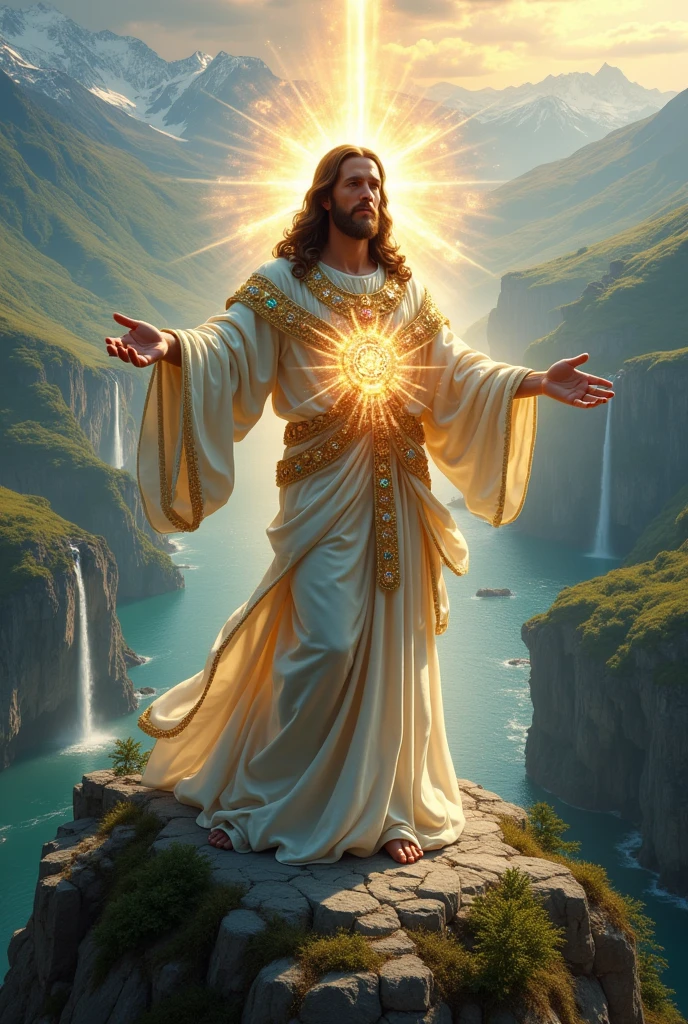 Jesus came dressed in jewels and was very beautiful The view from the sky should be  8kCreate the most beautiful background in the world