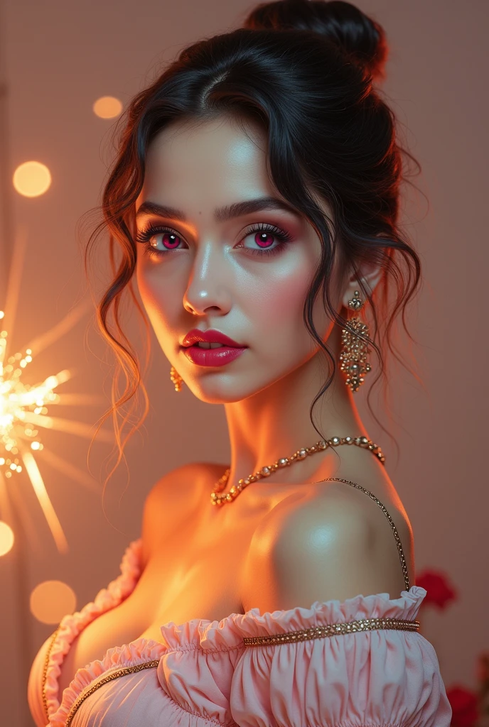 ((best quality)), ((masterpiece)), (detailed), perfect face, night bokeh effect background, perfect pink eyes, fantastic face, Indian, beautiful look, ((red lips, bright eyes, curve heir 1.5)), ((beautiful details body)), A glorious gorgeous, glorious gorgeous face, pretty face, bright eyes, short skirt, leather, updo elegant hair, blurred gray tones background, ultra focus, face ilumined, face detailed, 8k resolution, painted, dry brush, brush strokes,