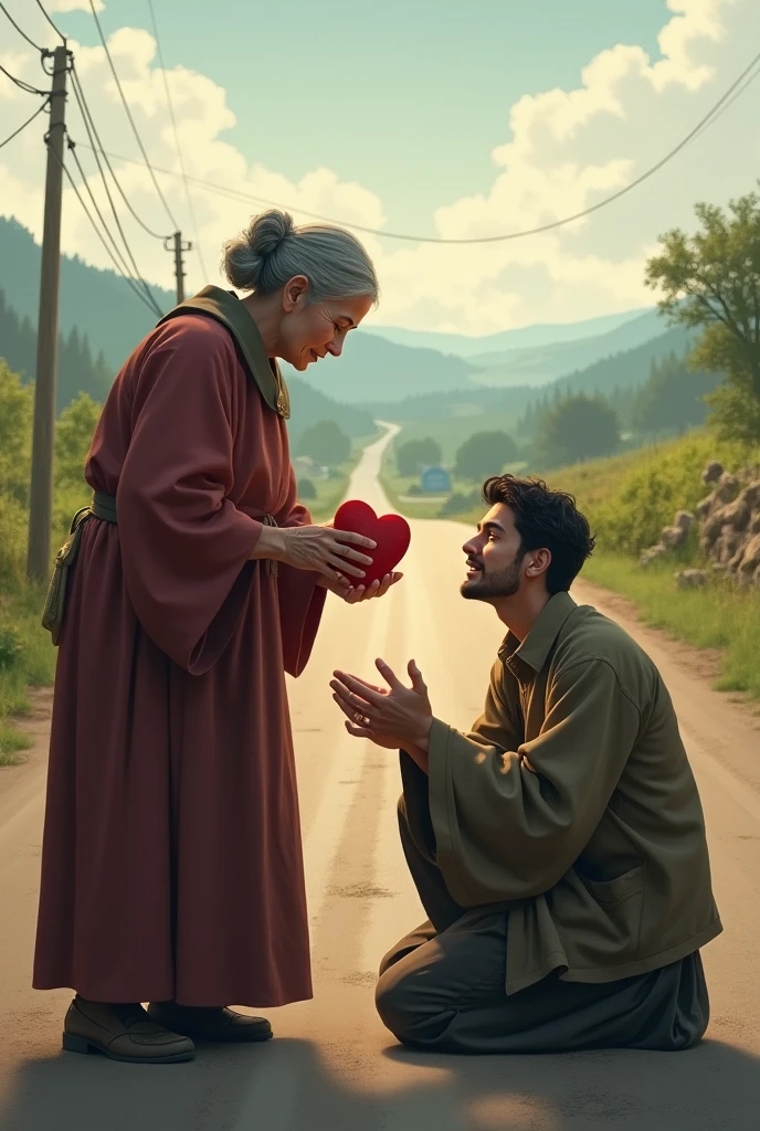 In the road a son give his heart to his mother
