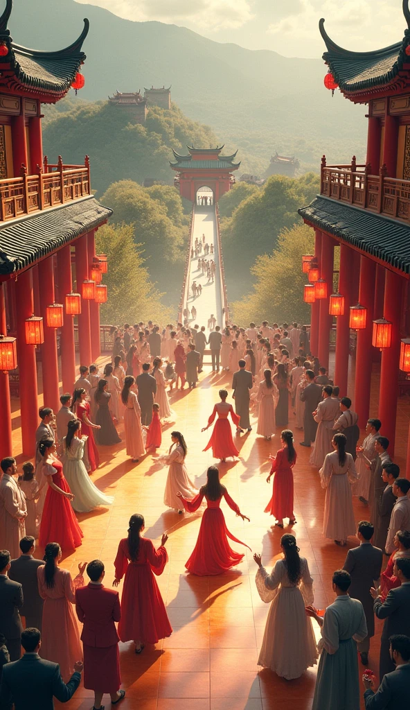 A grand mansion, brightly lit, filled with guests, dancers performing, with the majestic Chang'an city wall in the background ,chinese painting effect,classicl landscape