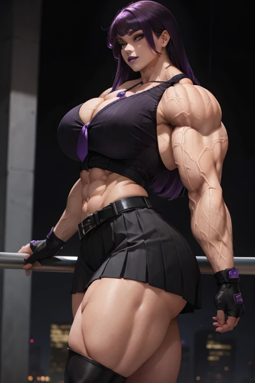 ((Close-up)), tall, (violet purple hair) beautiful muscular woman, long hair with long bangs, pale white skinned, closed smile, (black lipstick), big breast, (massive muscles), (hyper muscle), ((ginormous bulky muscles)), glowing black eyes, (((violet sleeveless pleated shirt))), ((black pencil skirt with belt)), (fingerless gloves), (necktie), high heels, night in rooftop, 