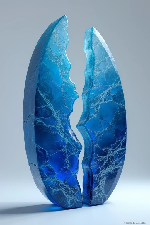 cracked blue gemstone, broken in two pieces