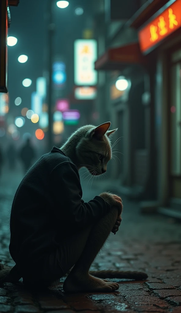 In a city there was a cat man with a thin body who was sitting contemplating in a corner, his head bowed down, with a sad face.