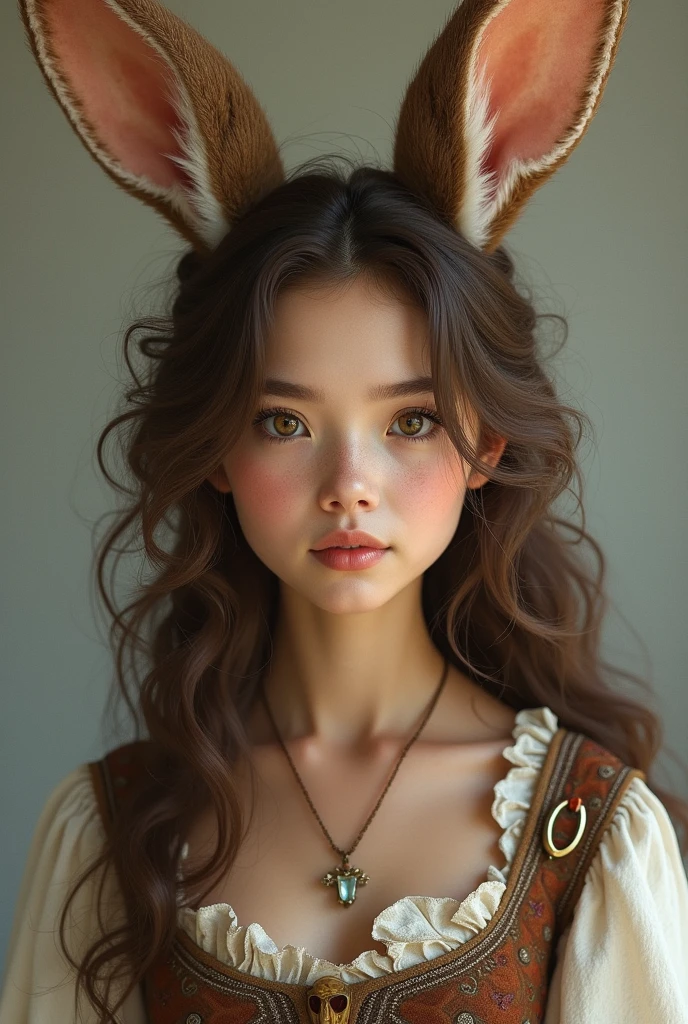 A woman with curly brown hair and brown eyes. She has fluffy brown bunny ears. She wears medieval clothing.